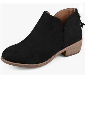 YDN Black Almond Toe Block Low Heels Pumps Classic V Cut Back Zipper Ankle Boot